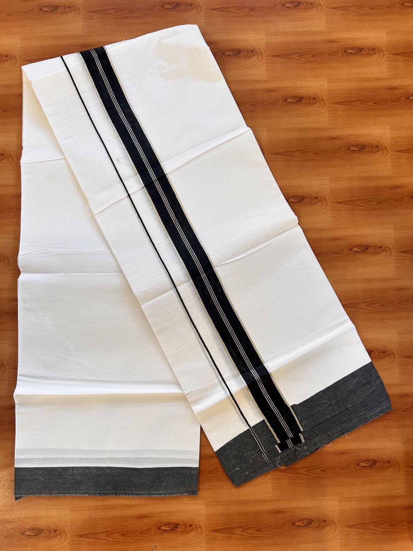 20% Discount ! Kaitharikada Balaramapuram 100% Cotton Pure White Double Mundu/Dothi - 100x80 - 1.5 inch Silver Kasav & Black Striped Kara 3.90 m (8 muzham) - 13 KK5432 PMC