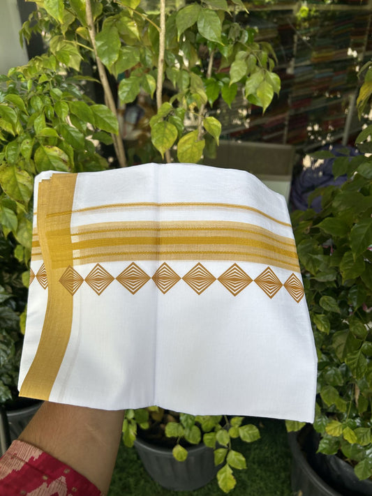 20% Discount ! KaithariKada Balaramapuram Cotton Double Pure white Mundu/Dhoti- 80s - 2.5 inch Mustard Yellow Printed Shaded Stripes Design Kara - 3.65 mtr (8 muzham) - 1 KK5329 GAN