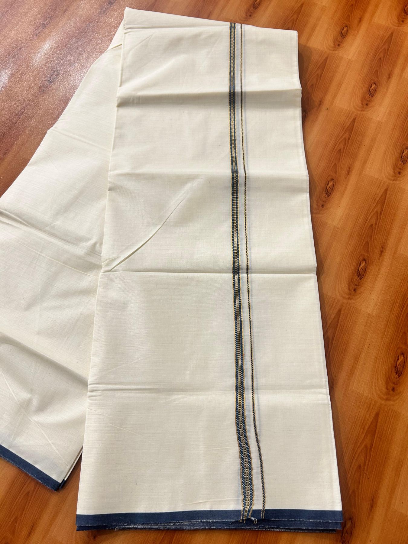 Double Off white (Unbleached) Mundu/Dhoti - 20% Discount! KaithariKada Pure Cotton  (80s) - 1 cm Gold Kasav Peacock Blue Kara 4 mtr (8.5 muzham) - 17 KK5479 GAN
