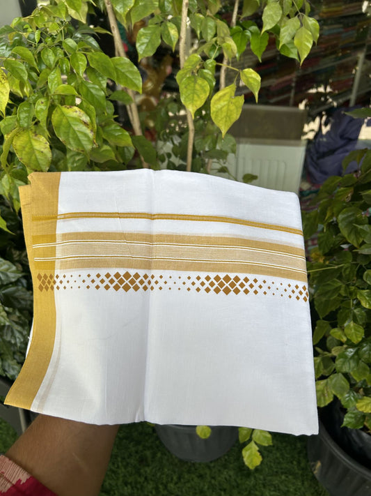 20% Discount ! KaithariKada Balaramapuram Cotton Double Pure white Mundu/Dhoti- 80s - 2.5 inch Yellow Printed Shade Stripes Design Kara - 3.65 mtr (8 muzham) - 13 KK5329 GAN