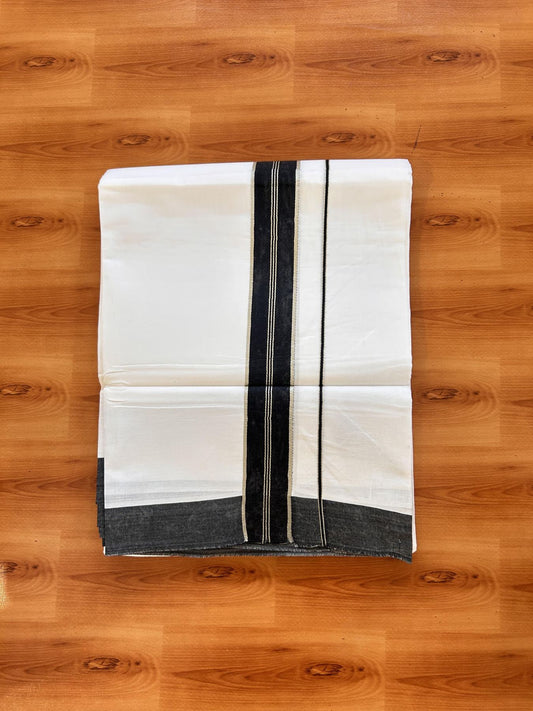 Pure White Double Mundu/Dhoti - 20% Discount ! Kaitharikada Balaramapuram 100% Cotton - 100x80 - 1.5 inch Silver Kasav & Black Striped Kara 3.90 m (8 muzham) - 13 KK5432 PMC