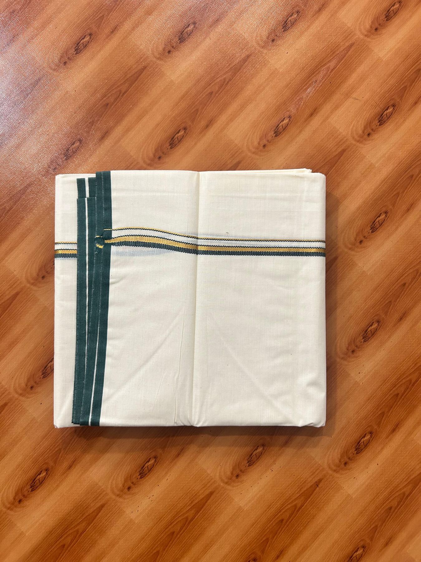 Double Off white (Unbleached) Mundu/Dhoti - 20% Discount! KaithariKada Pure Cotton  (80s) - 1 cm Gold Kasav Green Kara 4 mtr (8.5 muzham) - 6 KK5479 GAN