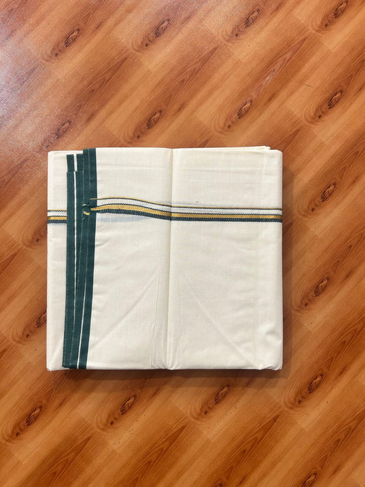 Double Off white (Unbleached) Mundu/Dhoti - 20% Discount! KaithariKada Pure Cotton  (80s) - 1 cm Gold Kasav Green Kara 4 mtr (8.5 muzham) - 6 KK5479 GAN