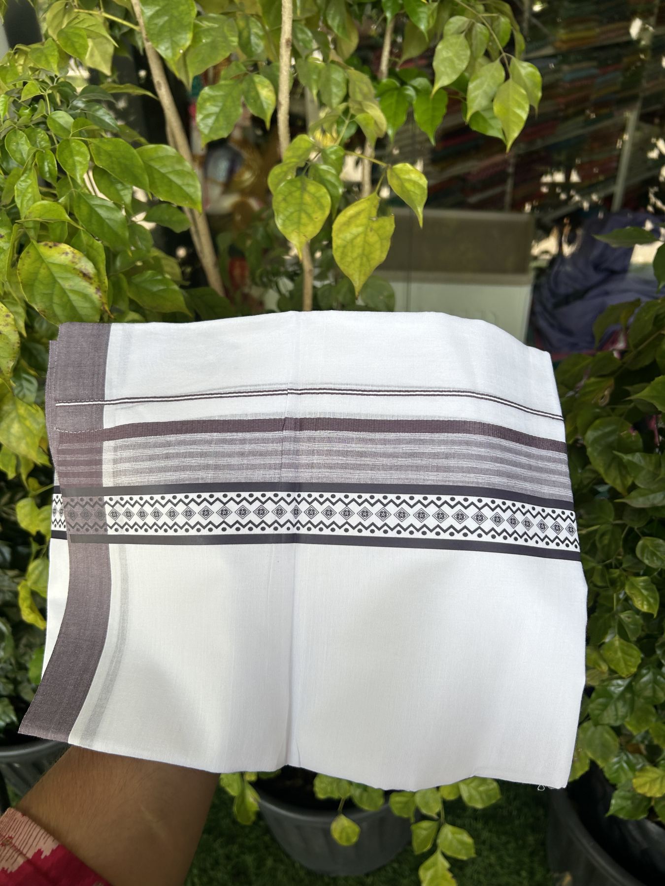 20% Discount ! KaithariKada Balaramapuram Cotton Double Pure white Mundu/Dhoti- 80s - 2.5 inch Purple Ash Printed Shade Stripes Design Kara - 3.65 mtr (8 muzham) - 33 KK5329 GAN