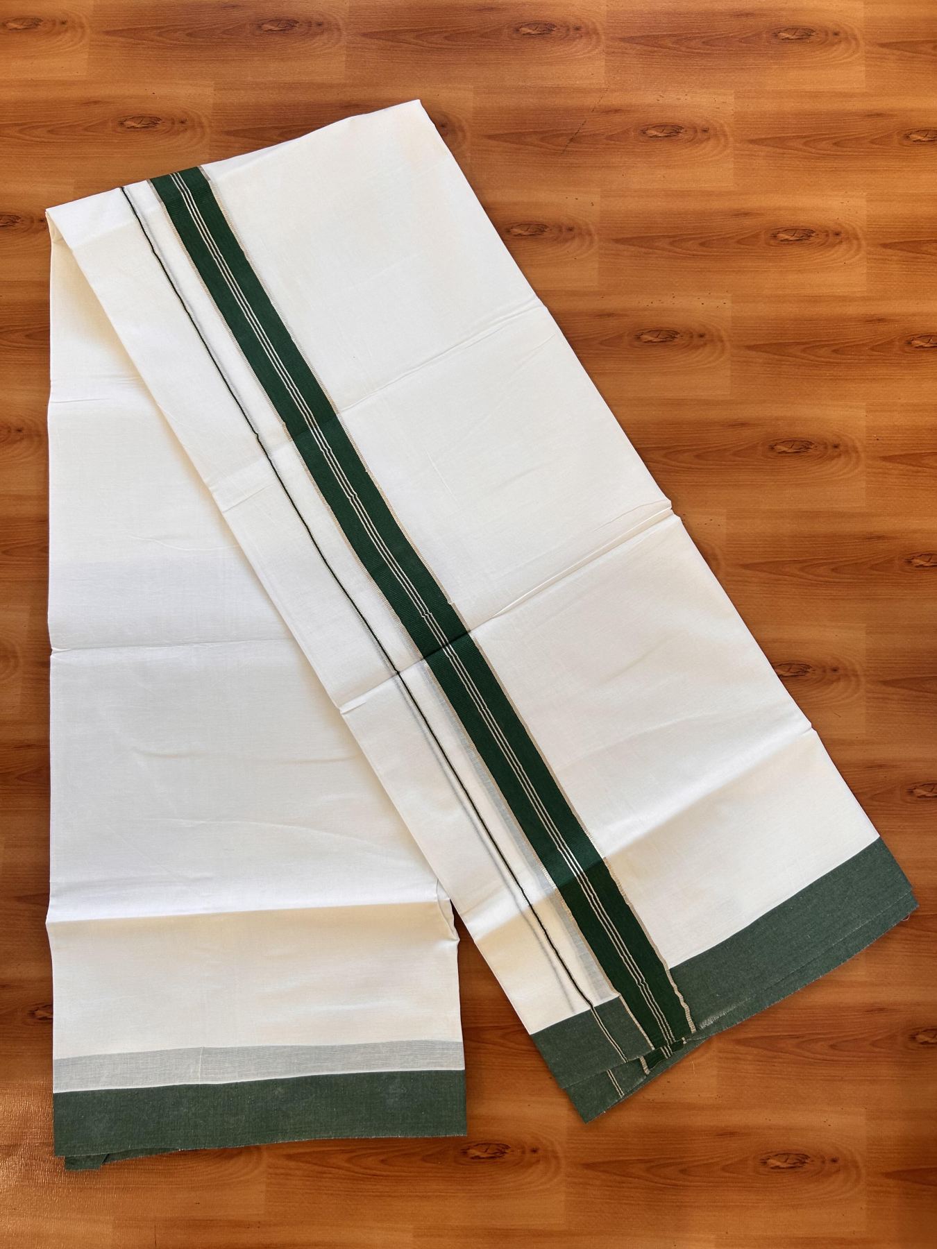 20% Discount ! Kaitharikada Balaramapuram 100% Cotton Pure White Double Mundu/Dothi - 100x80 - 1.5 inch Silver Kasav & Dark Green Striped Kara 3.90 m (8 muzham) - 14 KK5432 PMC