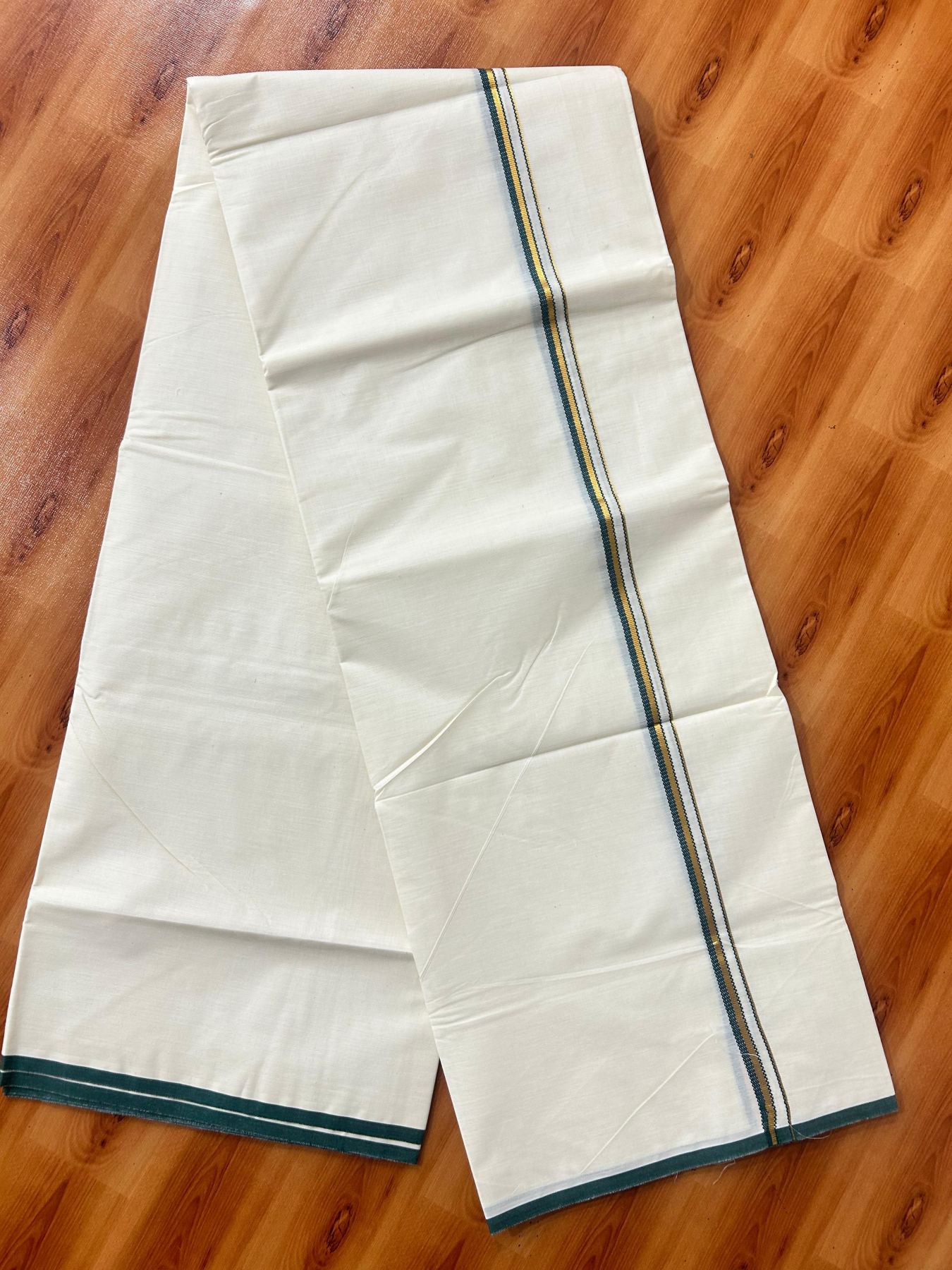 Double Off white (Unbleached) Mundu/Dhoti - 20% Discount! KaithariKada Pure Cotton  (80s) - 1 cm Gold Kasav Green Kara 4 mtr (8.5 muzham) - 6 KK5479 GAN