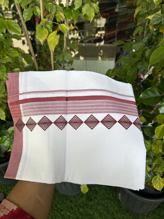 20% Discount ! KaithariKada Balaramapuram Cotton Double Pure white Mundu/Dhoti- 80s - 2.5 inch Light Maroon Printed Shade Stripes Design Kara - 3.65 mtr (8 muzham) - 8 KK5329 GAN