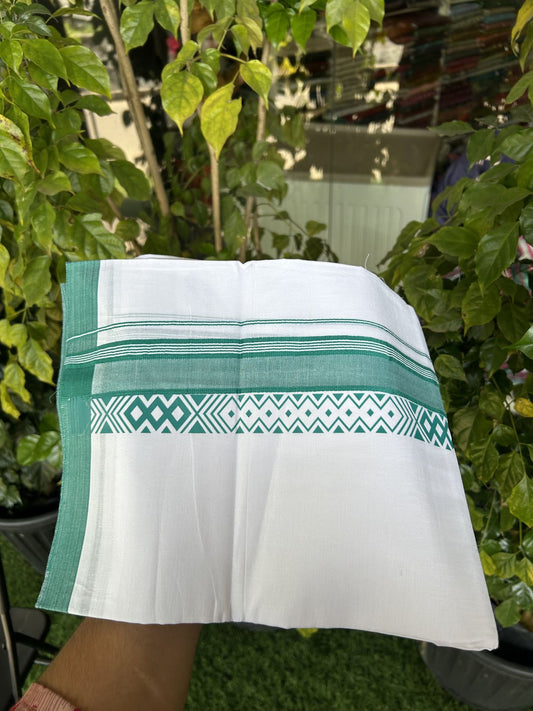 20% Discount ! KaithariKada Balaramapuram Cotton Double Pure white Mundu/Dhoti- 80s - 2.5 inch Blue Green Printed Shade Stripes Design Kara - 3.65 mtr (8 muzham) - 48 KK5329 GAN