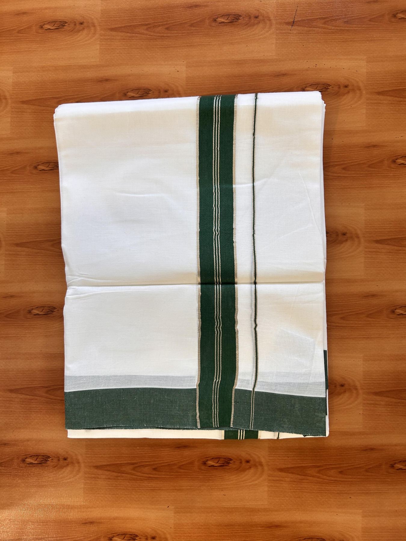 20% Discount ! Kaitharikada Balaramapuram 100% Cotton Pure White Double Mundu/Dothi - 100x80 - 1.5 inch Silver Kasav & Dark Green Striped Kara 3.90 m (8 muzham) - 14 KK5432 PMC