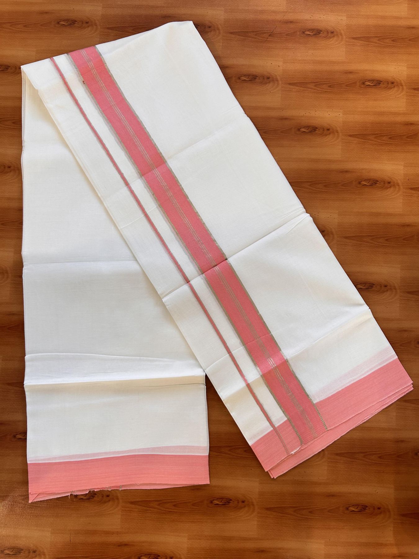 20% Discount ! Kaitharikada Balaramapuram 100% Cotton Pure White Double Mundu/Dothi - 100x80 - 1.5 inch Silver Kasav & Peach pink Striped Kara 3.90 m (8 muzham) - 11 KK5432 PMC