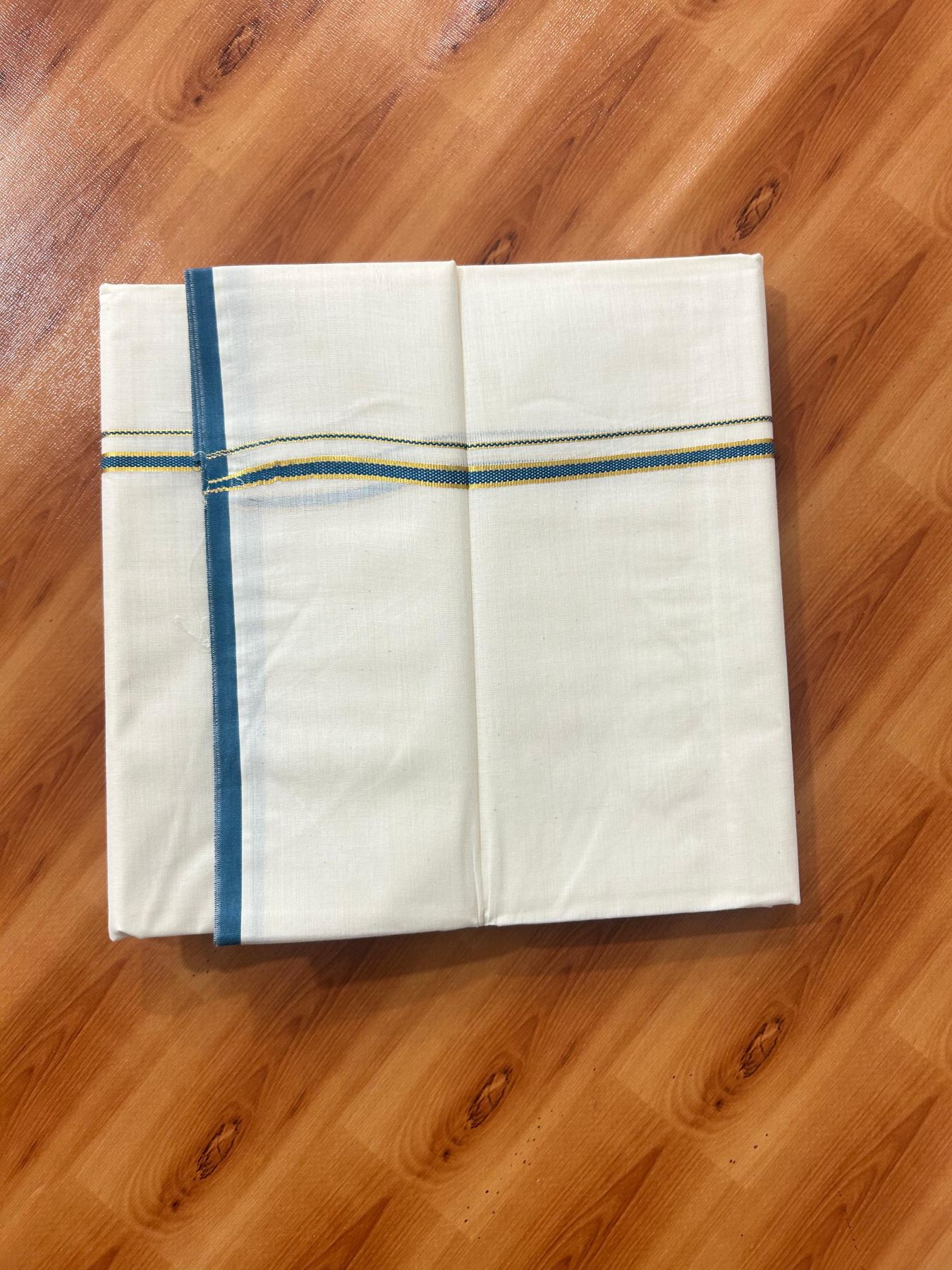 Double Off white (Unbleached) Mundu/Dhoti - 20% Discount! KaithariKada Pure Cotton  (80s) - 1 cm Gold Kasav Peacock Green Kara 4 mtr (8.5 muzham) - 13 KK5479 GAN