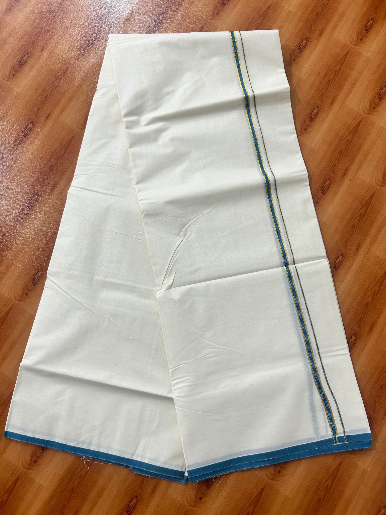 Double Off white (Unbleached) Mundu/Dhoti - 20% Discount! KaithariKada Pure Cotton  (80s) - 1 cm Gold Kasav Peacock Green Kara 4 mtr (8.5 muzham) - 13 KK5479 GAN