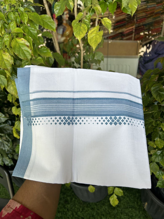 20% Discount ! KaithariKada Balaramapuram Cotton Double Pure white Mundu/Dhoti- 80s - 2.5 inch Ash Blue Printed Shade Stripes Design Kara - 3.65 mtr (8 muzham) - 14 KK5329 GAN