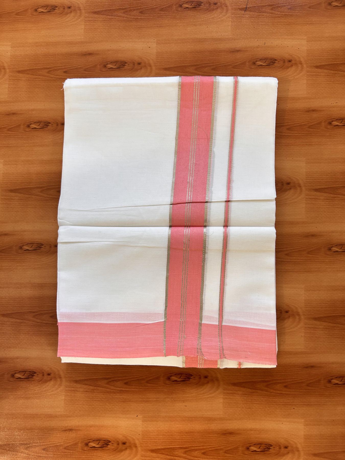 20% Discount ! Kaitharikada Balaramapuram 100% Cotton Pure White Double Mundu/Dothi - 100x80 - 1.5 inch Silver Kasav & Peach pink Striped Kara 3.90 m (8 muzham) - 11 KK5432 PMC