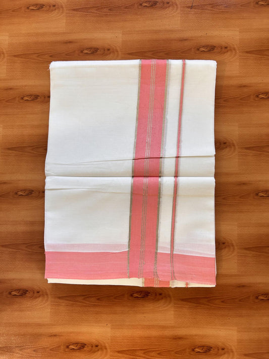Pure White Double Mundu/Dhoti - 20% Discount ! Kaitharikada Balaramapuram 100% Cotton Pure White Double Mundu/Dothi - 100x80 - 1.5 inch Silver Kasav & Peach pink Striped Kara 3.90 m (8 muzham) - 11 KK5432 PMC