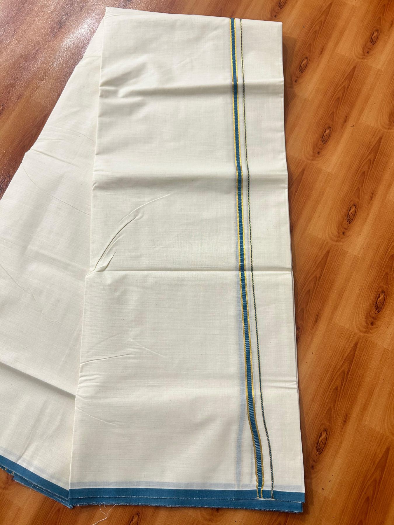 Double Off white (Unbleached) Mundu/Dhoti - 20% Discount! KaithariKada Pure Cotton  (80s) - 1 cm Gold Kasav Peacock Green Kara 4 mtr (8.5 muzham) - 13 KK5479 GAN