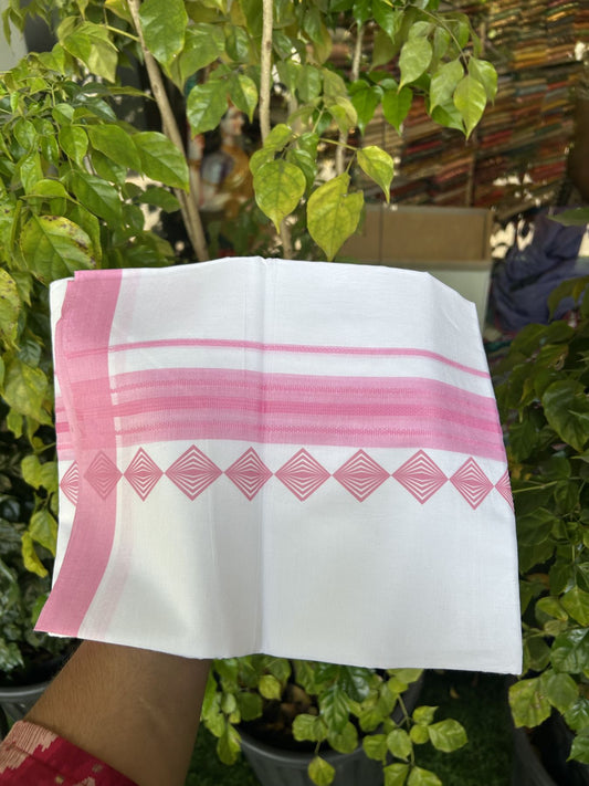 20% Discount ! KaithariKada Balaramapuram Cotton Double Pure white Mundu/Dhoti- 80s - 2.5 inch Baby Pink Printed Shade Stripes Design Kara - 3.65 mtr (8 muzham) - 12 KK5329 GAN
