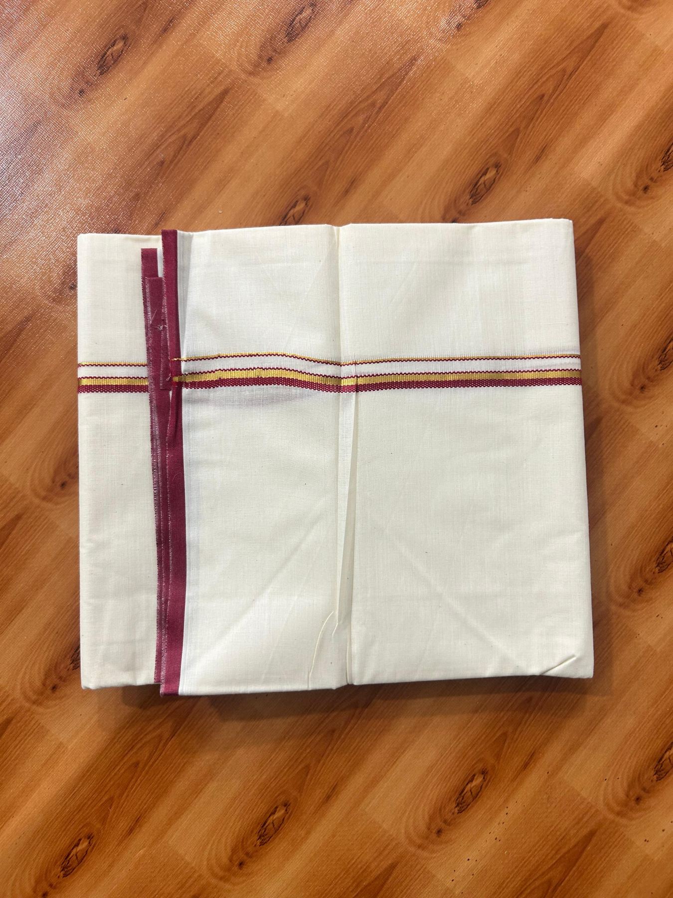 Double Off white (Unbleached) Mundu/Dhoti - 20% Discount! KaithariKada Pure Cotton  (80s) - 1 cm Gold Kasav Maroon red Kara 4 mtr (8.5 muzham) - 12 KK5479 GAN