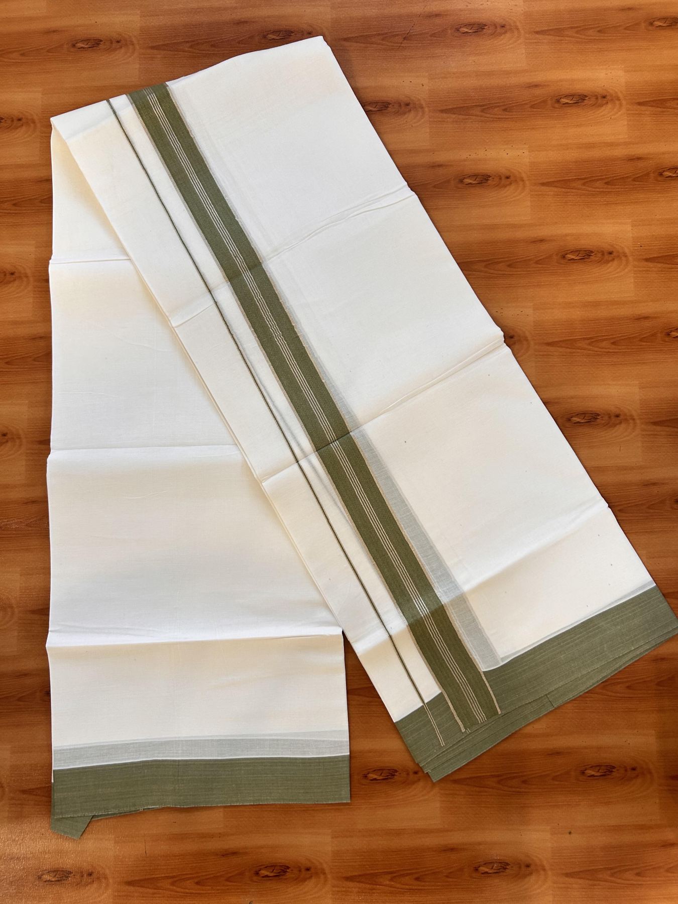 Pure White Double Mundu/Dhoti - 20% Discount ! Kaitharikada Balaramapuram 100% Cotton - 100x80 - 1.5 inch Silver Kasav & Olive Green Striped Kara 3.90 m (8 muzham) - 15 KK5432 PMC