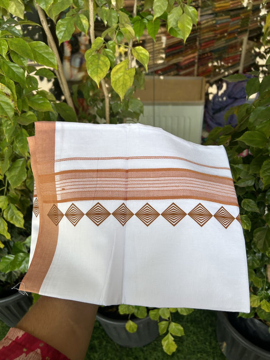 20% Discount ! KaithariKada Balaramapuram Cotton Double Pure white Mundu/Dhoti- 80s - 2.5 inch Brown Printed Shade Stripes Design Kara - 3.65 mtr (8 muzham) - 3 KK5329 GAN