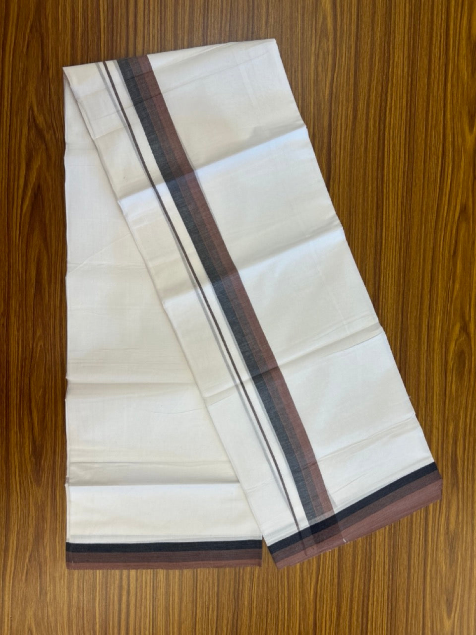 20% Discount ! Kaitharikada Balaramapuram 100% Cotton PURE WHITE Double Mundu/Dothi - 100x80 - 1.5 inch Brown & Black Shaded Striped Kara 3.90 mtr (8 muzham) - 95 KK5294 THI