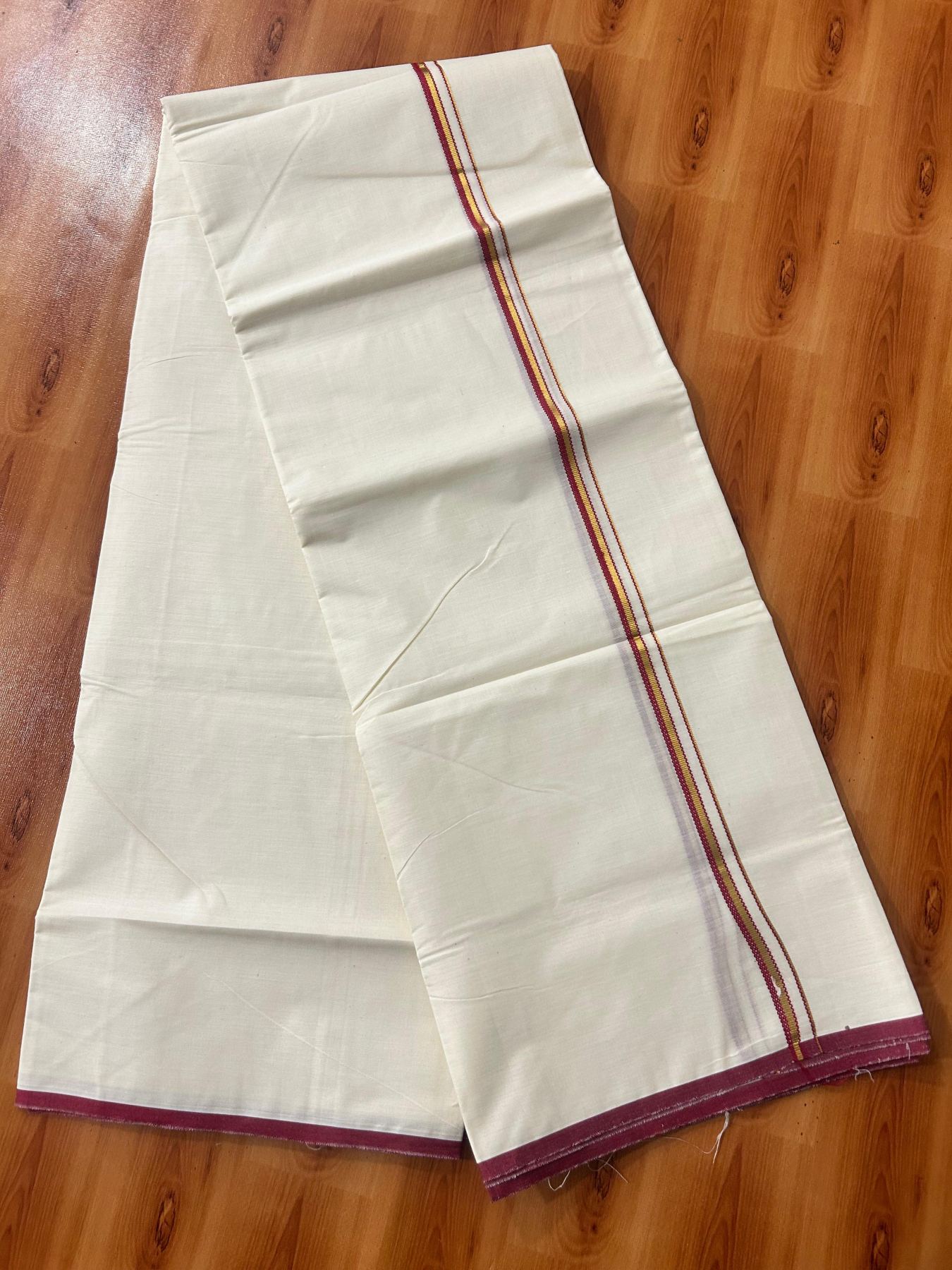Double Off white (Unbleached) Mundu/Dhoti - 20% Discount! KaithariKada Pure Cotton  (80s) - 1 cm Gold Kasav Maroon red Kara 4 mtr (8.5 muzham) - 12 KK5479 GAN