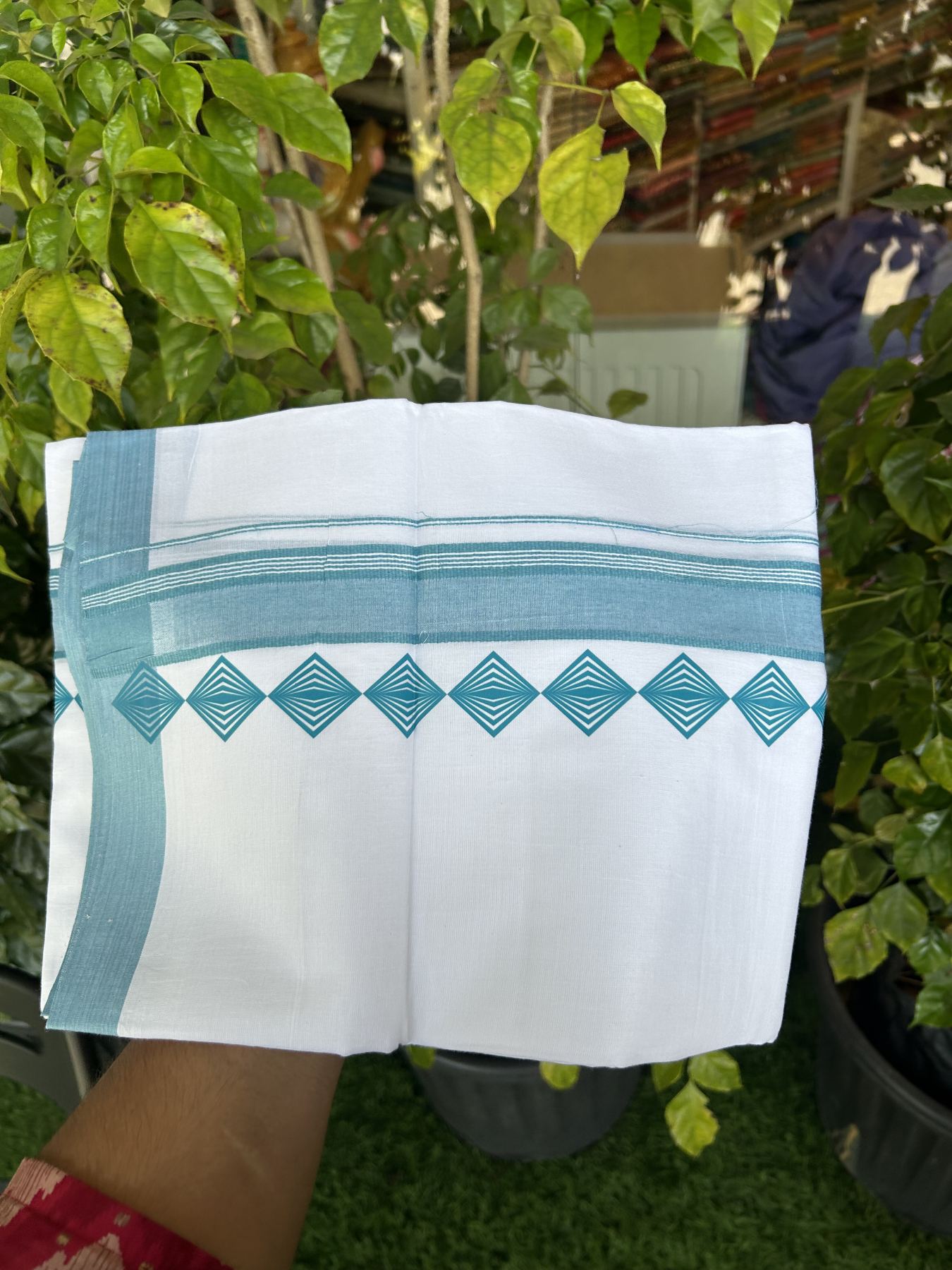 20% Discount ! KaithariKada Balaramapuram Cotton Double Pure white Mundu/Dhoti- 80s - 2.5 inch Light Blue Printed Shade Stripes Design Kara - 3.65 mtr (8 muzham) - 7 KK5329 GAN