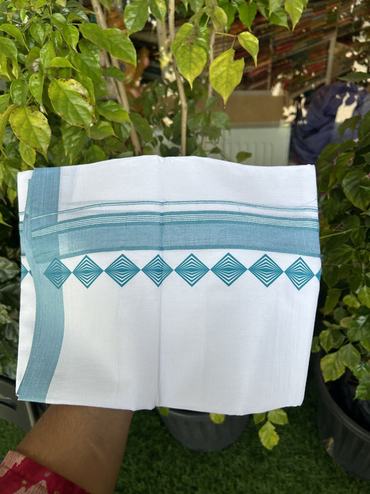 20% Discount ! KaithariKada Balaramapuram Cotton Double Pure white Mundu/Dhoti- 80s - 2.5 inch Light Blue Printed Shade Stripes Design Kara - 3.65 mtr (8 muzham) - 7 KK5329 GAN