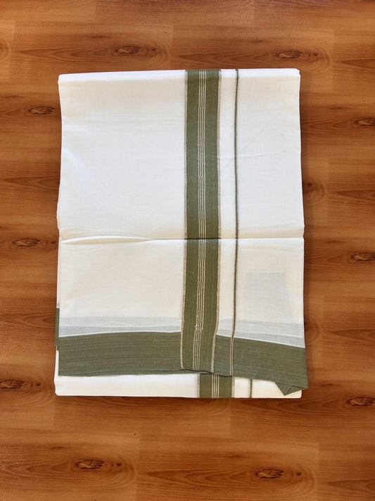 Pure White Double Mundu/Dhoti - 20% Discount ! Kaitharikada Balaramapuram 100% Cotton - 100x80 - 1.5 inch Silver Kasav & Olive Green Striped Kara 3.90 m (8 muzham) - 15 KK5432 PMC