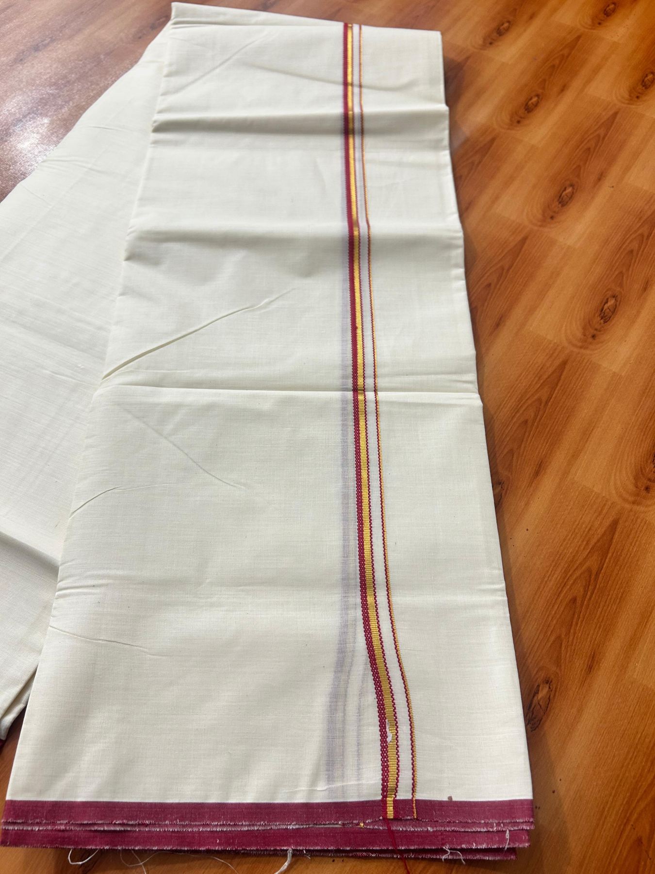 Double Off white (Unbleached) Mundu/Dhoti - 20% Discount! KaithariKada Pure Cotton  (80s) - 1 cm Gold Kasav Maroon red Kara 4 mtr (8.5 muzham) - 12 KK5479 GAN