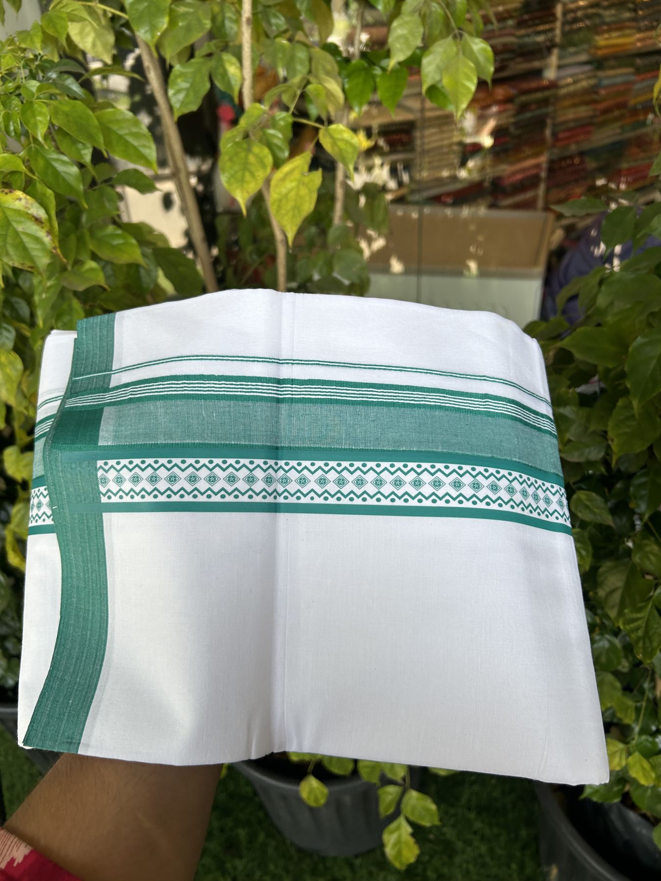 20% Discount ! KaithariKada Balaramapuram Cotton Double Pure white Mundu/Dhoti- 80s - 2.5 inch Blue Green Printed Shade Stripes Design Kara - 3.65 mtr (8 muzham) - 31 KK5329 GAN