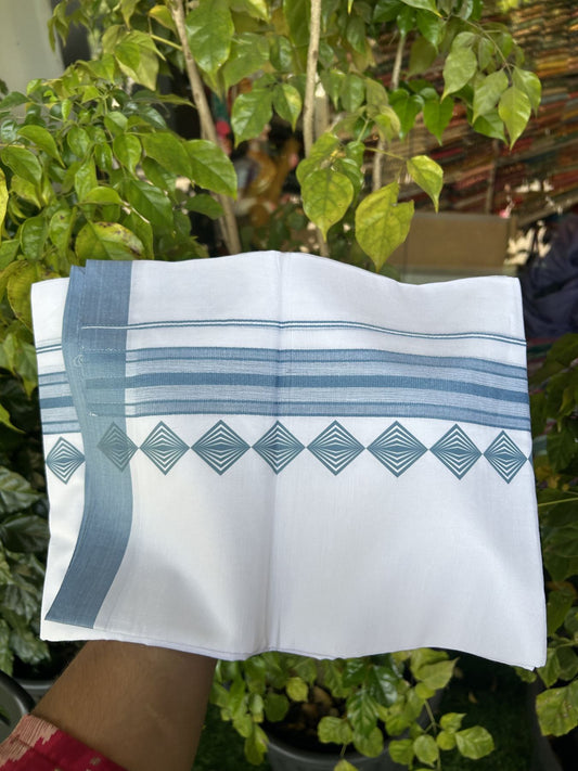 20% Discount ! KaithariKada Balaramapuram Cotton Double Pure white Mundu/Dhoti- 80s - 2.5 inch Ash Blue Printed Shade Stripes Design Kara - 3.65 mtr (8 muzham) - 10 KK5329 GAN