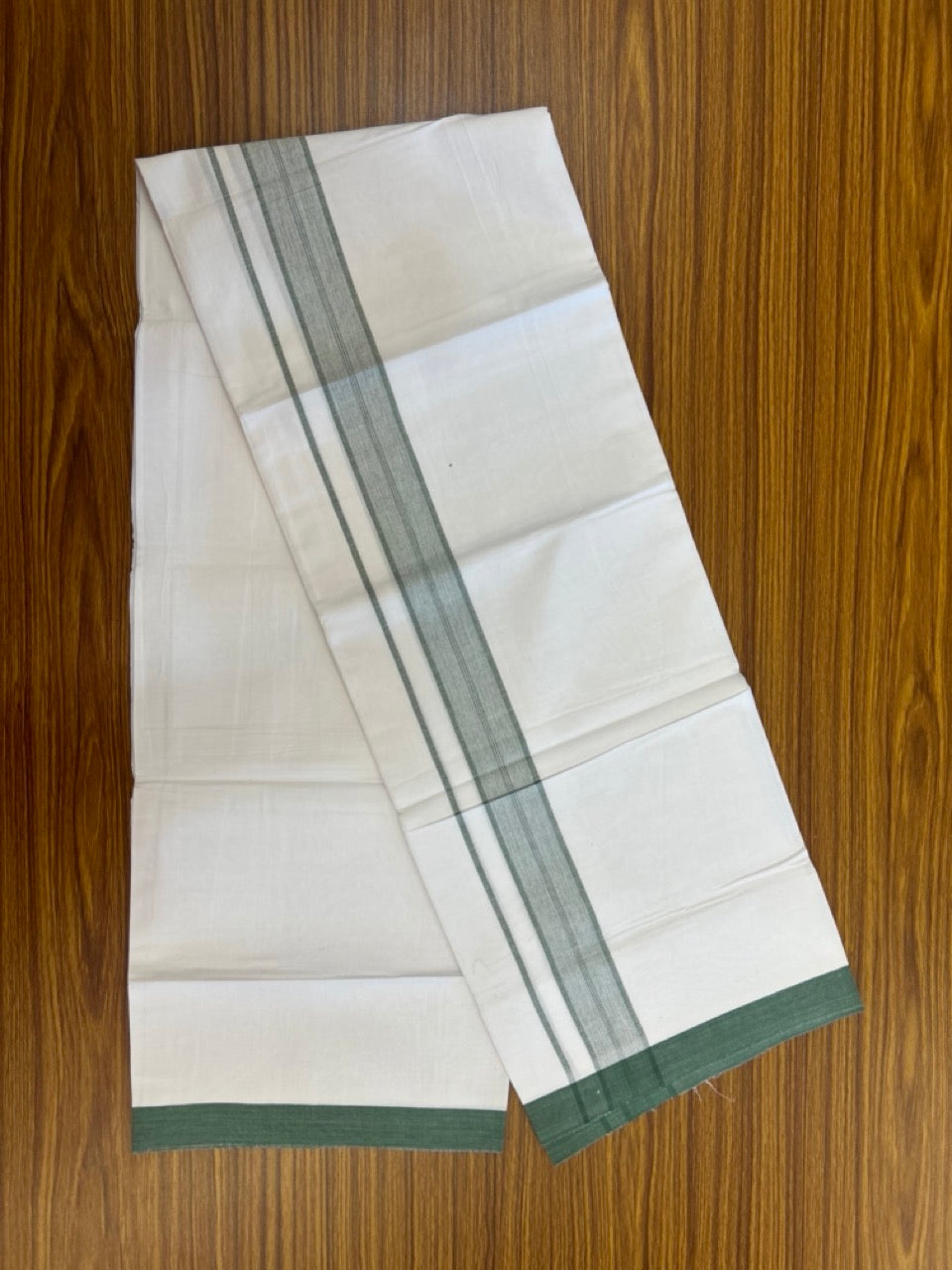 KaithariKada Balaramapuram 100% Cotton Single Pure White Mundu/Dhoti - 100X80 - 1.5 inch Green Shaded Stripes kara 2 mtr (4 muzham) - 10 KK5294 THI