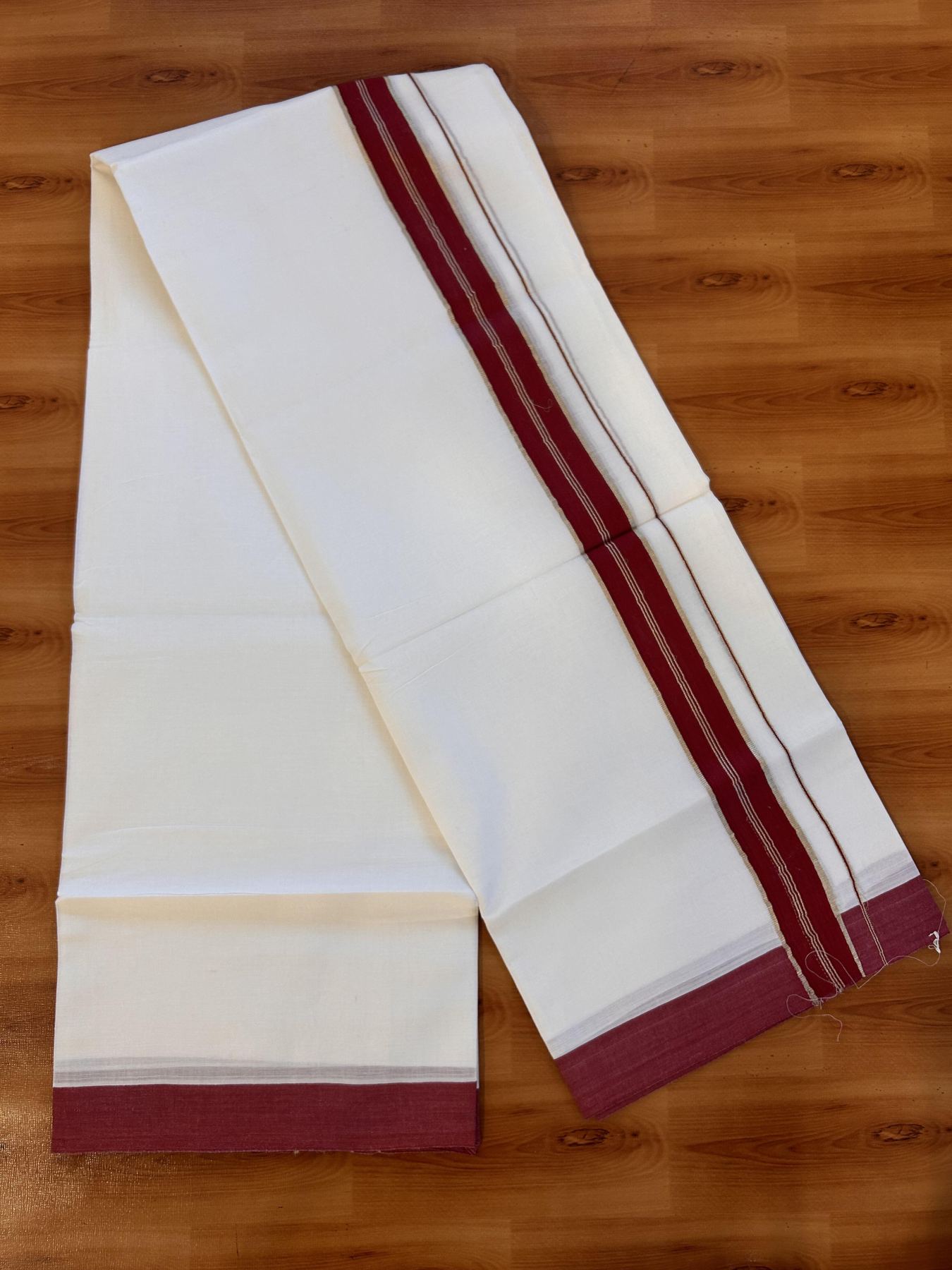 20% Discount ! Kaitharikada Balaramapuram 100% Cotton Pure White Double Mundu/Dothi - 100x80 - 1.5 inch Silver Kasav & Maroon Striped Kara 3.90 m (8 muzham) - 12 KK5432 PMC