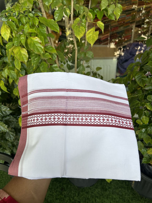 20% Discount ! KaithariKada Balaramapuram Cotton Double Pure white Mundu/Dhoti- 60s - 2.5 inch Maroon Printed Shade Stripes Design Kara - 3.65 mtr (8 muzham) - 35 KK5329 GAN