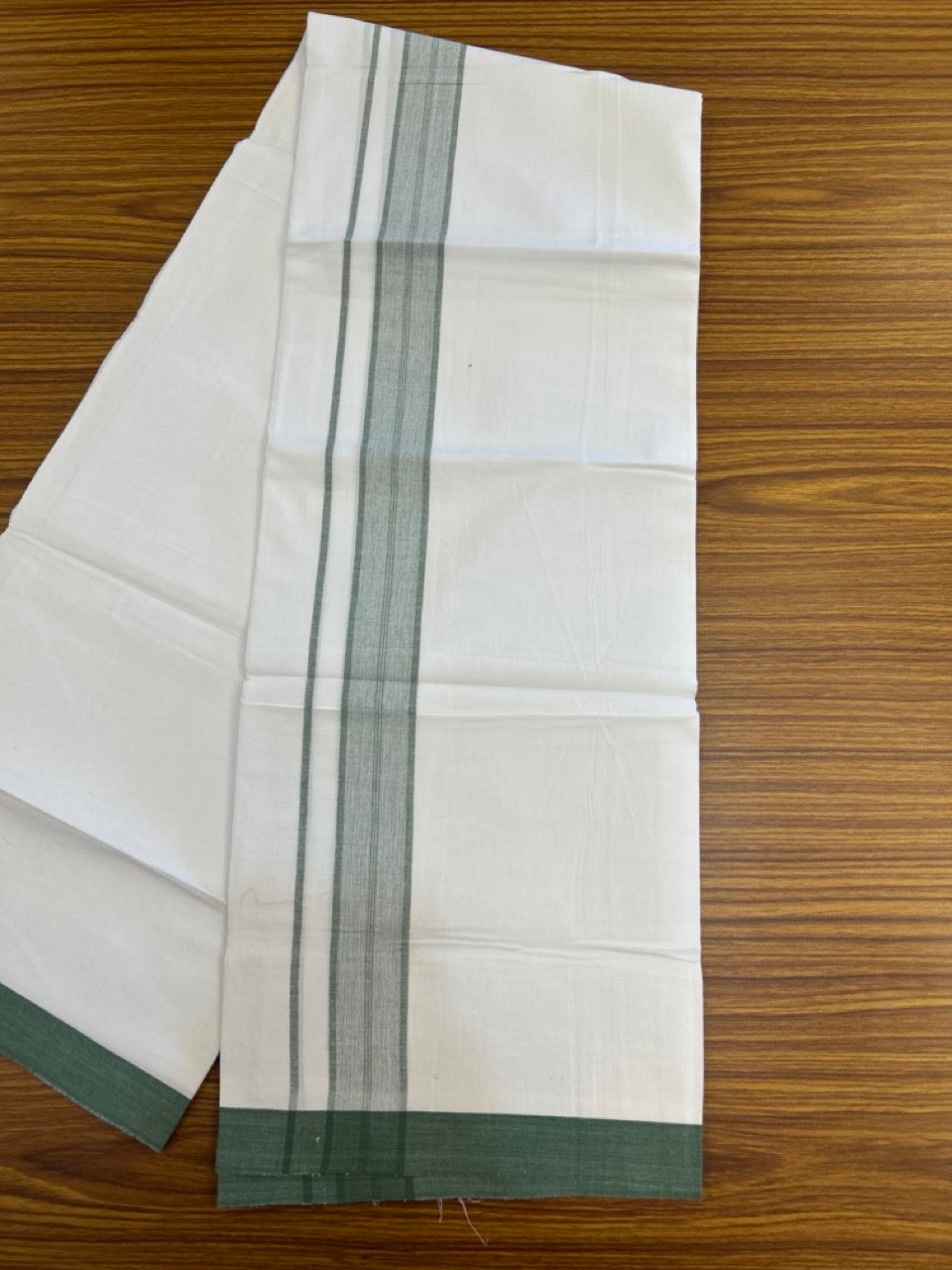 KaithariKada Balaramapuram 100% Cotton Single Pure White Mundu/Dhoti - 100X80 - 1.5 inch Green Shaded Stripes kara 2 mtr (4 muzham) - 10 KK5294 THI