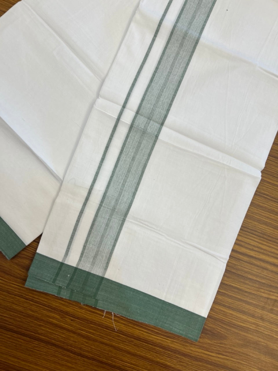 KaithariKada Balaramapuram 100% Cotton Single Pure White Mundu/Dhoti - 100X80 - 1.5 inch Green Shaded Stripes kara 2 mtr (4 muzham) - 10 KK5294 THI