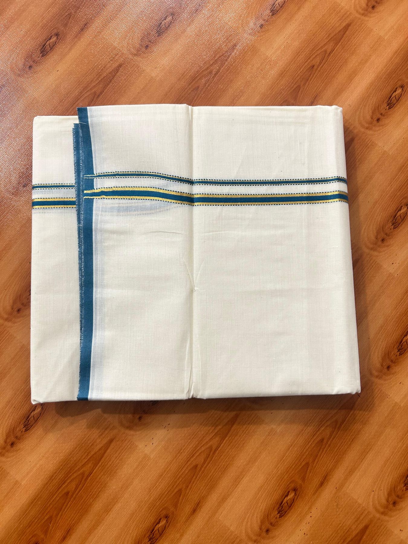 Double Off white (Unbleached) Mundu/Dhoti - 20% Discount! KaithariKada Pure Cotton  (80s) - 1 cm Gold Kasav Peacock Green Kara 4 mtr (8.5 muzham) - 14 KK5479 GAN