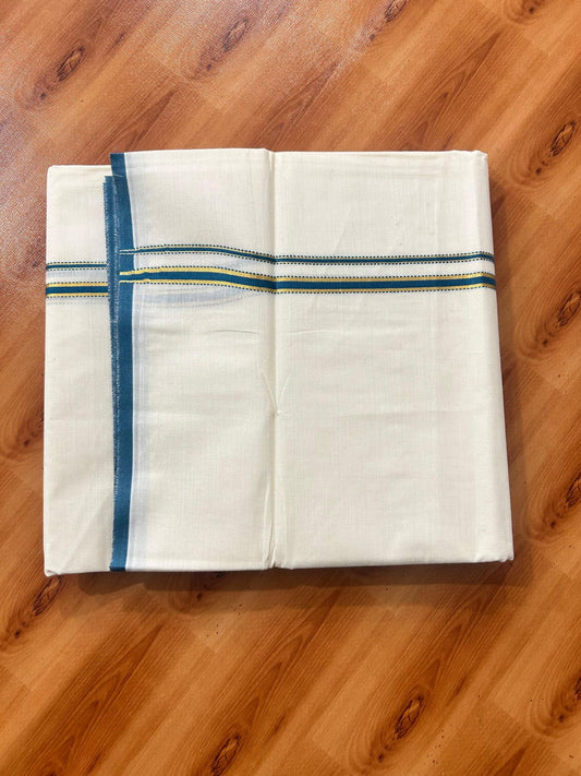 Double Off white (Unbleached) Mundu/Dhoti - 20% Discount! KaithariKada Pure Cotton  (80s) - 1 cm Gold Kasav Peacock Green Kara 4 mtr (8.5 muzham) - 14 KK5479 GAN