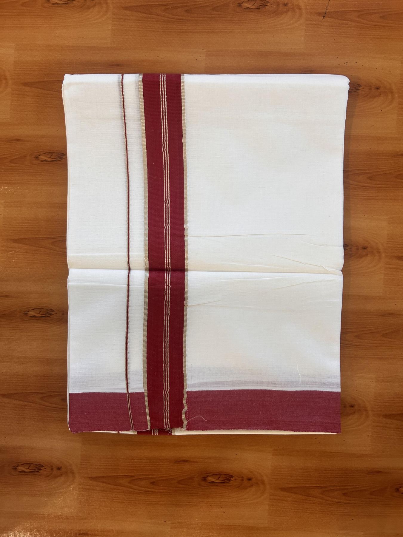 20% Discount ! Kaitharikada Balaramapuram 100% Cotton Pure White Double Mundu/Dothi - 100x80 - 1.5 inch Silver Kasav & Maroon Striped Kara 3.90 m (8 muzham) - 12 KK5432 PMC