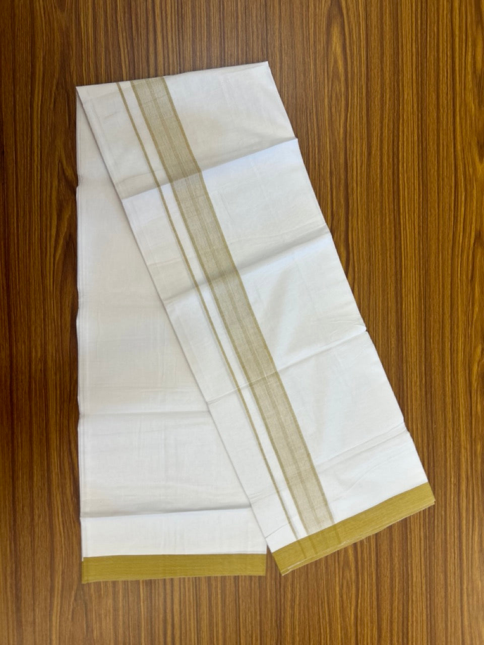 KaithariKada Balaramapuram 100% Cotton Single Pure White Mundu/Dhoti - 100X80 - 1.5 inch Golden Yellow Shaded Stripes kara 2 mtr (4 muzham) - 9 KK5294 THI