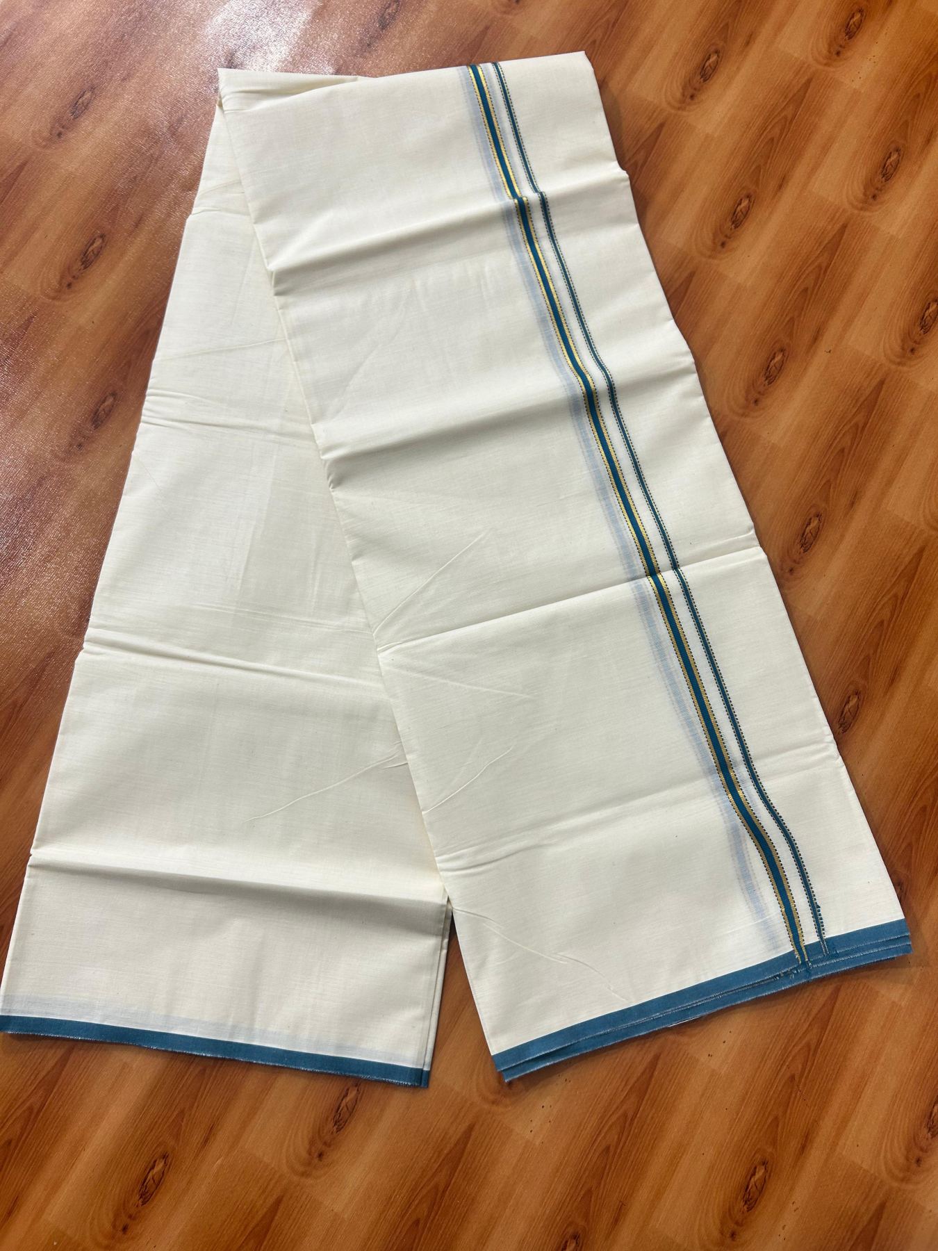 Double Off white (Unbleached) Mundu/Dhoti - 20% Discount! KaithariKada Pure Cotton  (80s) - 1 cm Gold Kasav Peacock Green Kara 4 mtr (8.5 muzham) - 14 KK5479 GAN