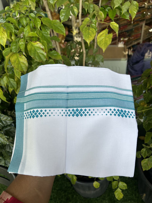 20% Discount ! KaithariKada Balaramapuram Cotton Double Pure white Mundu/Dhoti- 60s - 2.5 inch Turquoise Green Printed Shade Stripes Design Kara - 3.65 mtr (8 muzham) - 24 KK5329 GAN