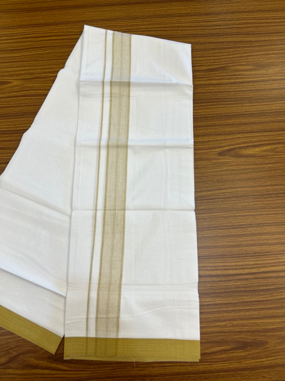 KaithariKada Balaramapuram 100% Cotton Single Pure White Mundu/Dhoti - 100X80 - 1.5 inch Golden Yellow Shaded Stripes kara 2 mtr (4 muzham) - 9 KK5294 THI
