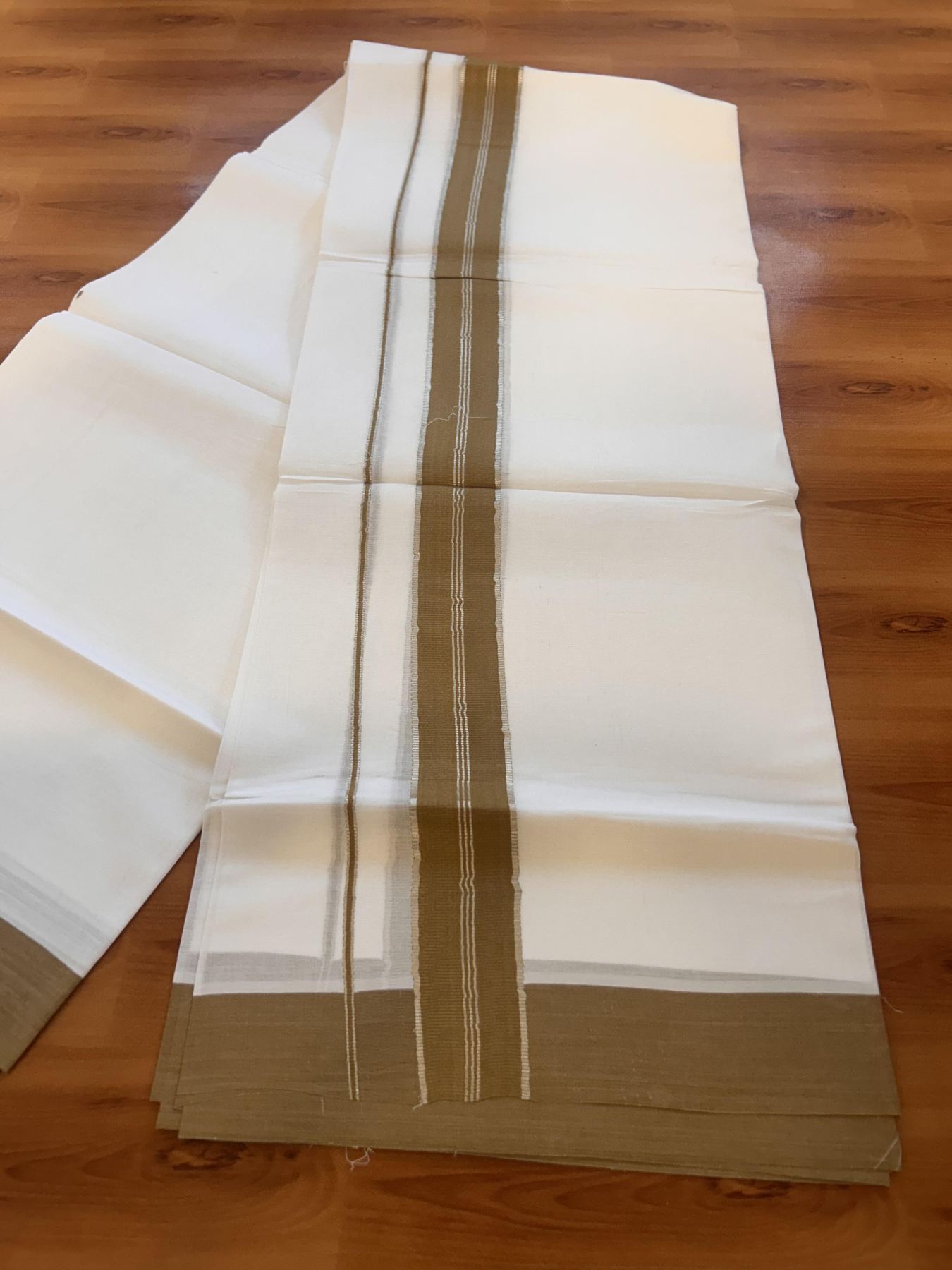 Pure White Double Mundu/Dhoti - 20% Discount ! Kaitharikada Balaramapuram 100% Cotton - 100x80 - 1.5 inch Silver Kasav & Brown Striped Kara 3.90 m (8 muzham) - 16 KK5432 PMC