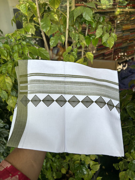 20% Discount ! KaithariKada Balaramapuram Cotton Double Pure white Mundu/Dhoti- 80s - 2.5 inch Olive Green Printed Shade Stripes Design Kara - 3.65 mtr (8 muzham) - 11 KK5329 GAN