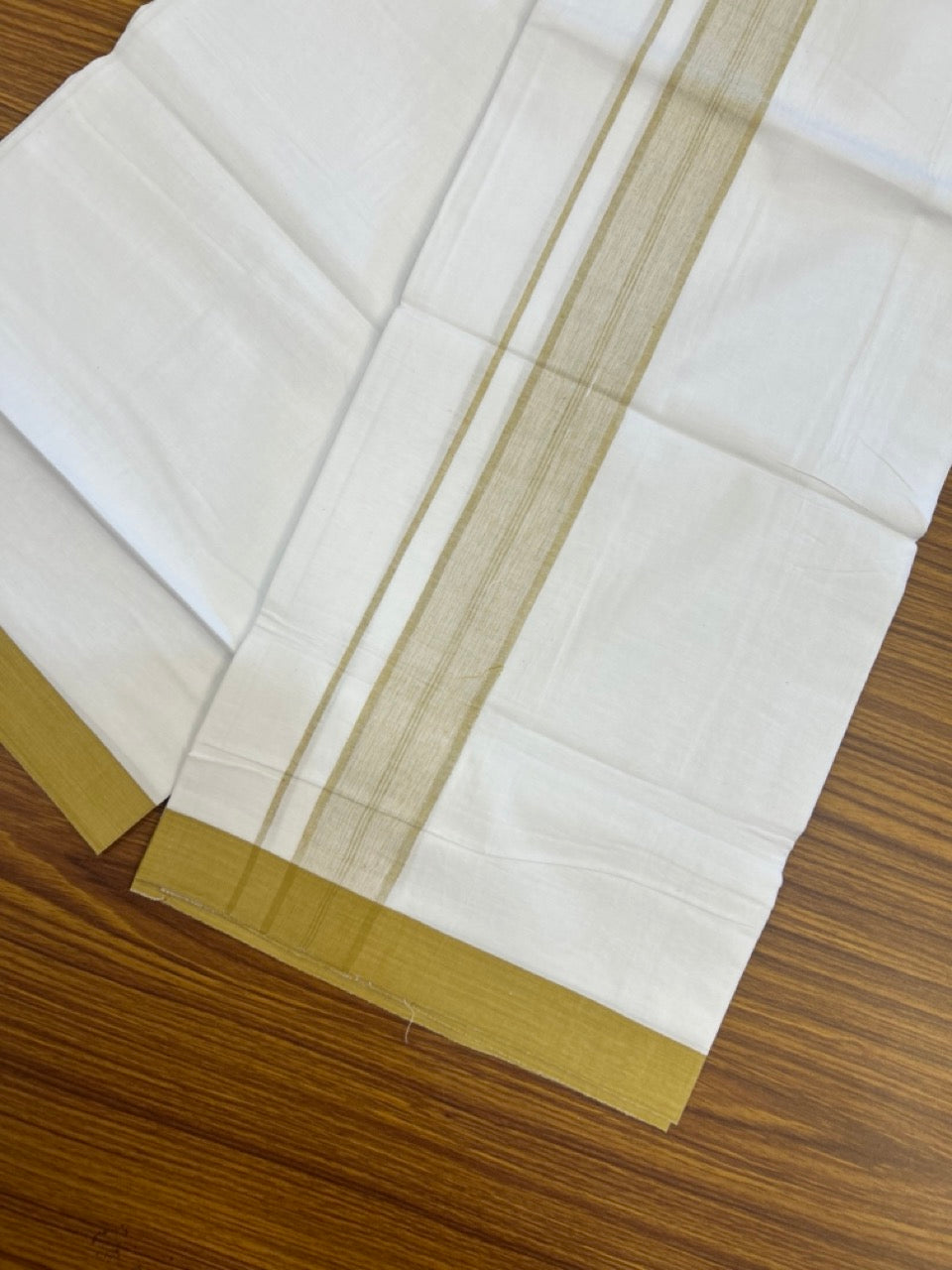 KaithariKada Balaramapuram 100% Cotton Single Pure White Mundu/Dhoti - 100X80 - 1.5 inch Golden Yellow Shaded Stripes kara 2 mtr (4 muzham) - 9 KK5294 THI