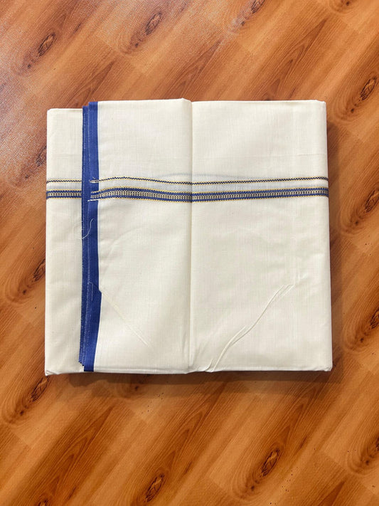 Double Off white (Unbleached) Mundu/Dhoti - 20% Discount! KaithariKada Pure Cotton  (80s) - 1 cm Gold Kasav Dark Blue Kara 4 mtr (8.5 muzham) - 19 KK5479 GAN