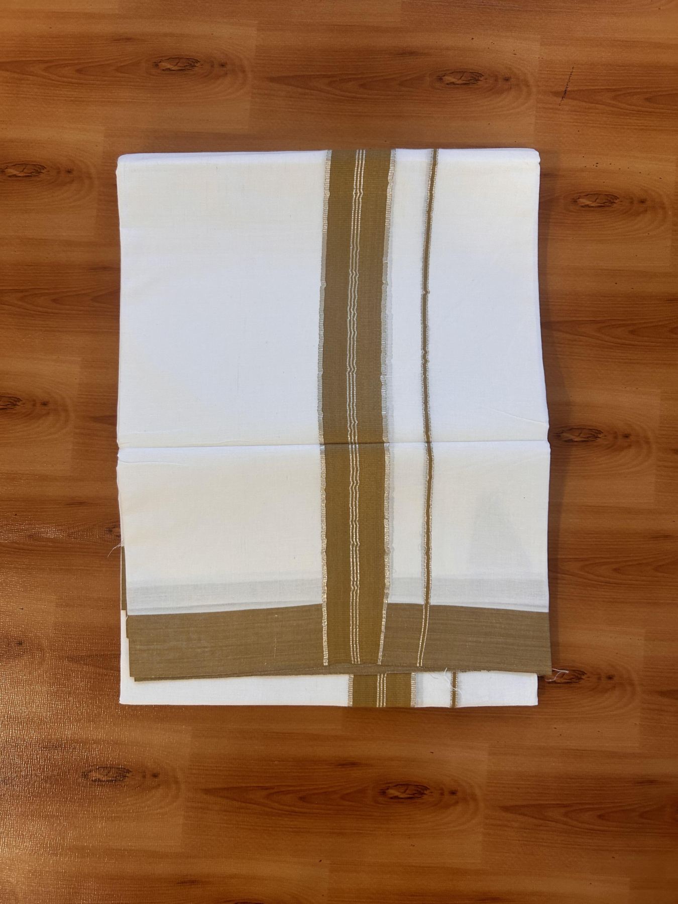Pure White Double Mundu/Dhoti - 20% Discount ! Kaitharikada Balaramapuram 100% Cotton - 100x80 - 1.5 inch Silver Kasav & Brown Striped Kara 3.90 m (8 muzham) - 16 KK5432 PMC