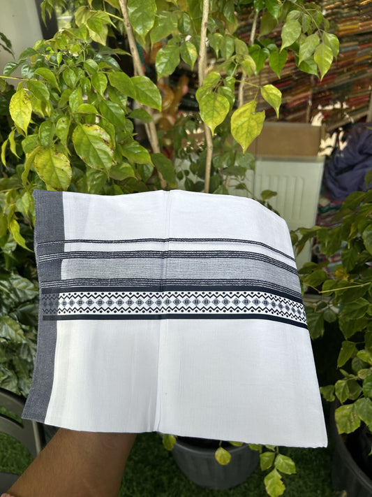 20% Discount ! KaithariKada Balaramapuram Cotton Double Pure white Mundu/Dhoti- 60s - 2.5 inch Navy Blue Printed Shade Stripes Design Kara - 3.65 mtr (8 muzham) - 34 KK5329 GAN